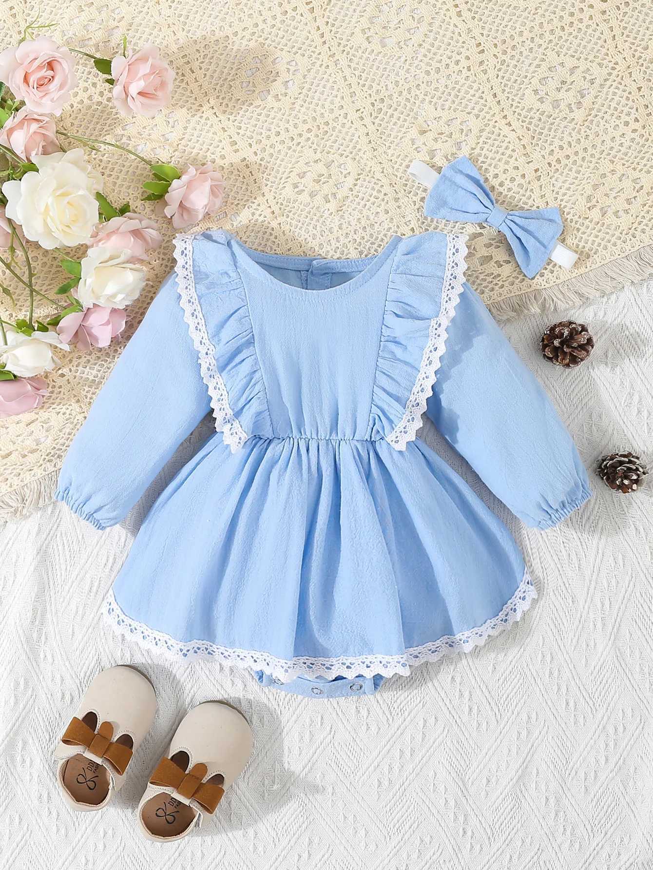 Baby Girls Clothes 2Pcs Cute Lace Ruffled Long Sleeve Cotton Dress Headwear Toddler Girls Clothing Outfit Set X250220