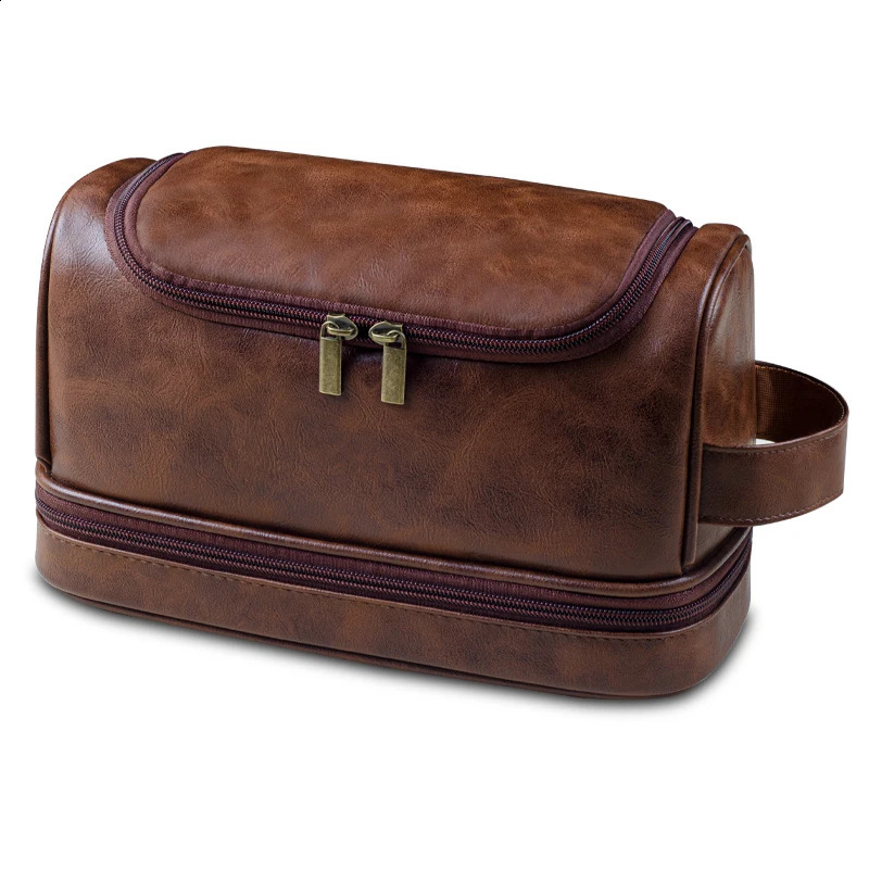 Toiletry Bag Mens Leather Travel Organizer Kit with hanging hook Large Water-resistant Toiletries Bathroom Shaving Bags 250220