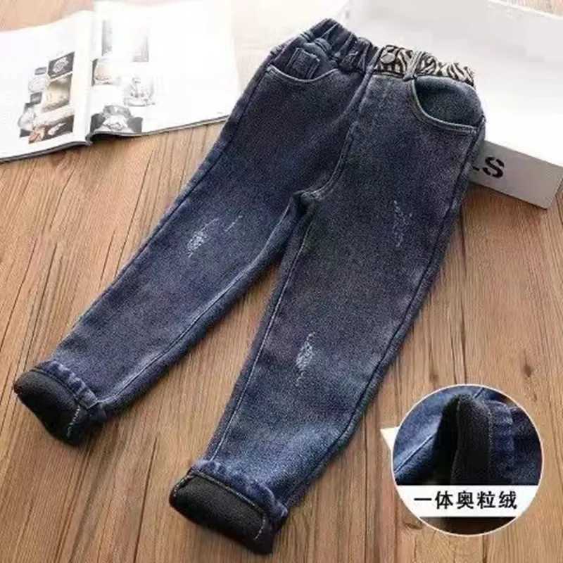 Girls Plush Jeans For Autumn And Winter Childrens Thickened One Piece Elastic Slim Fit And Warm Casual Pants For Small Feet Z250220