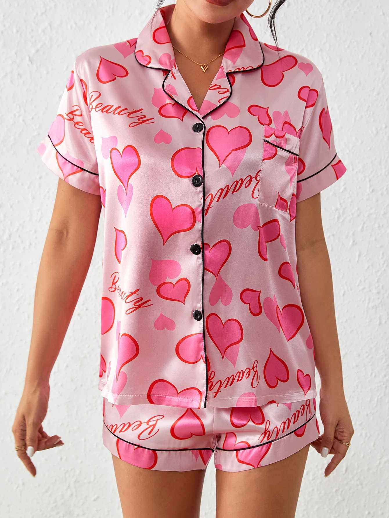 Heart Letter print satin Pajama SetShort Sve Buttons Lapel Top Elastic Shorts Womens SpwearXJ250220