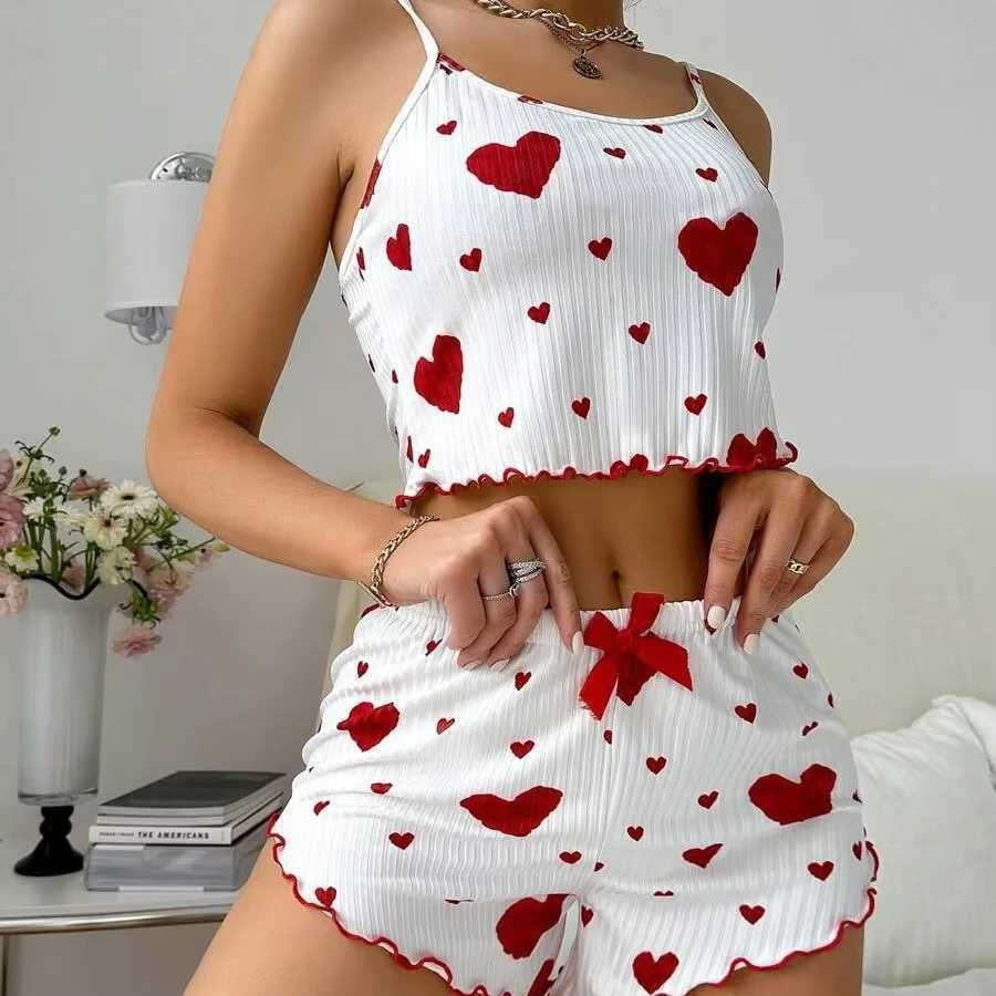 Heart Print Pajama Set Women Ribbed Spwear Cami Top Shorts Cute Bow Loungewear Soft Comfortable Pj Set New Fashion ArrivalXJ250220