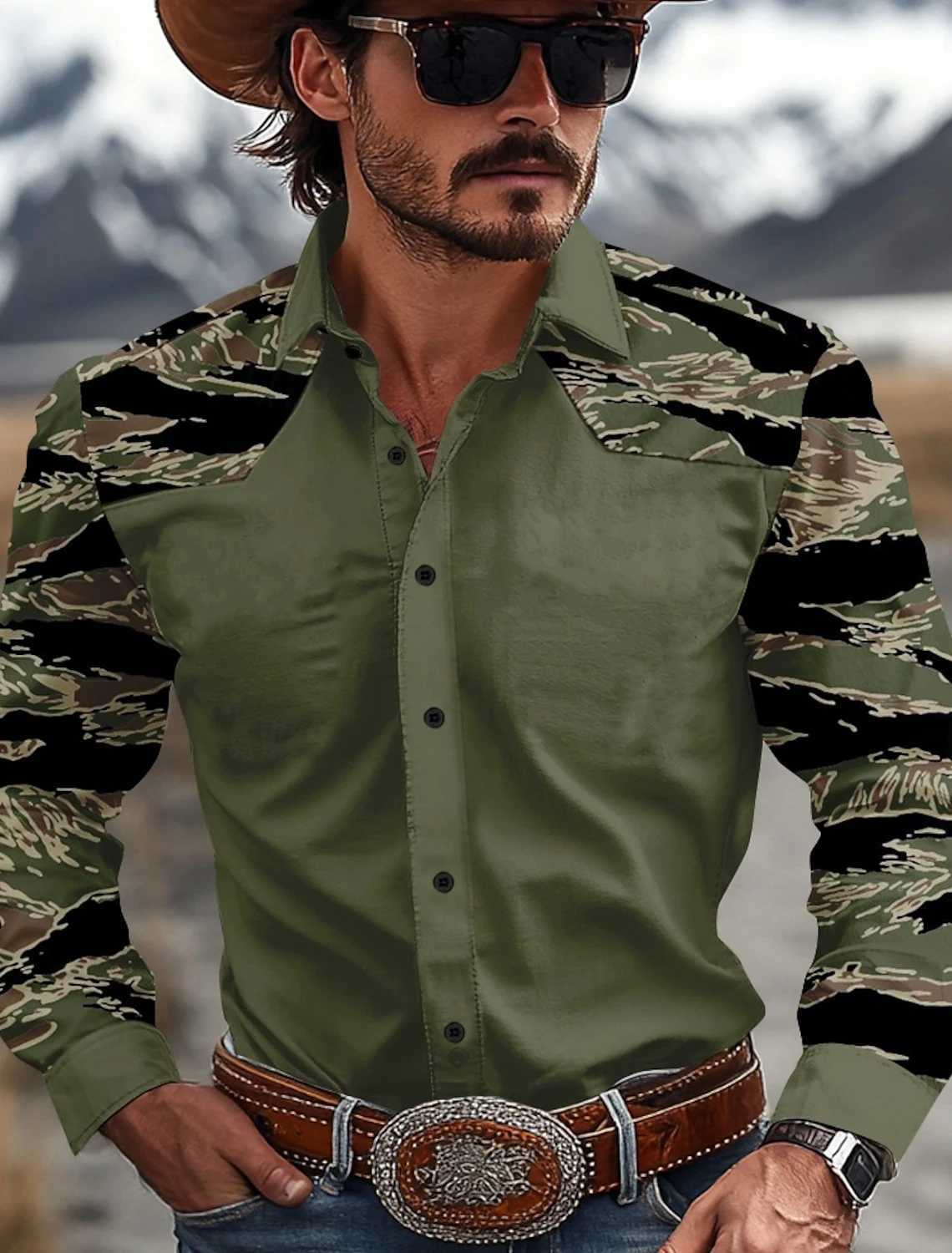 Mens Camouflage Western Shirt Denim Shirt Long Sleeve Western Casual Outdoor Spring and Autumn Lapel Black Brown Green Khaki W250220