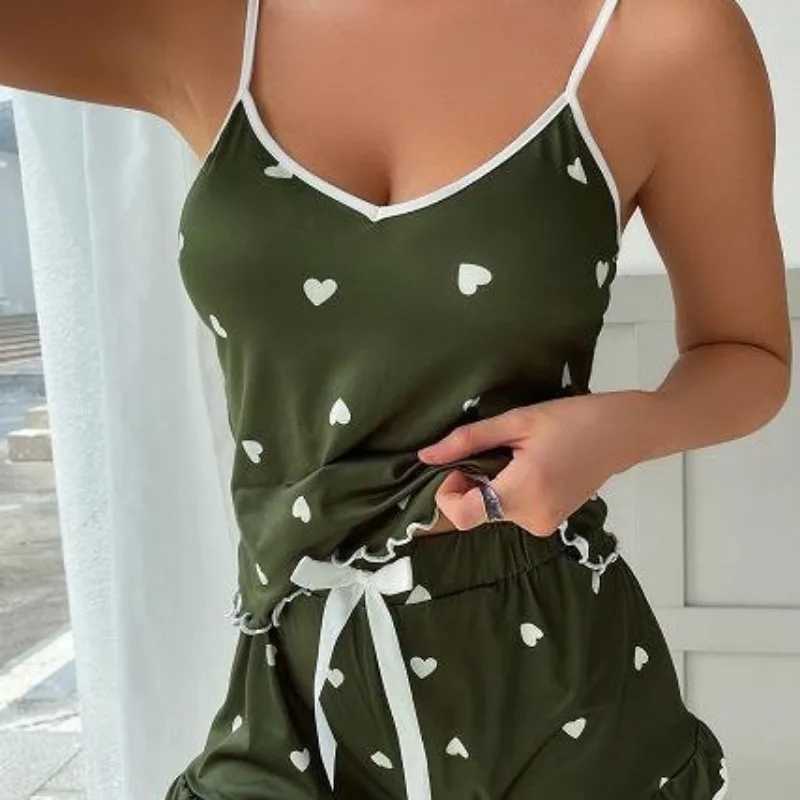 2Pcs/set plus size sveless pyjamas ice silk summer camisolege dents homewear printed tops shorts ladies pyjamas younXJ250220