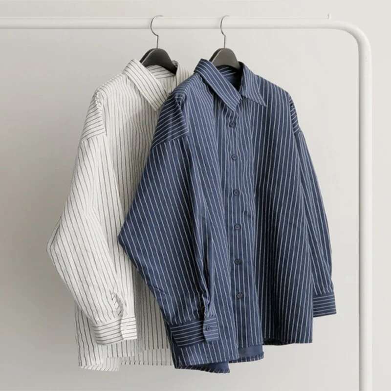 Women Stripes Blouse Lady Loose Long Sleeve Oversized Shirt Casual 2024 Spring Autumn Female Street Shirts