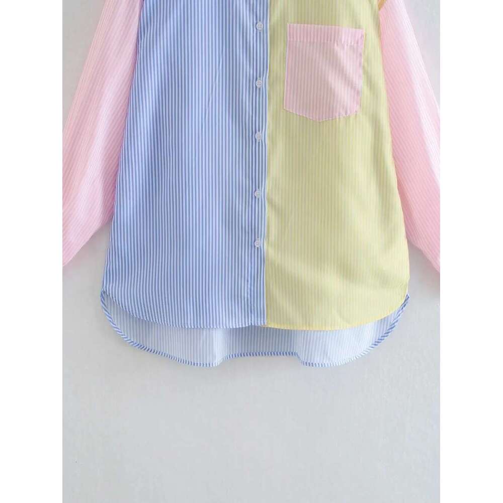 Women's Casual Colorblock Striped Print Long Sleeve Turn Down Collar Button Up Tunic Shirt Top Ladies Daily Outfit