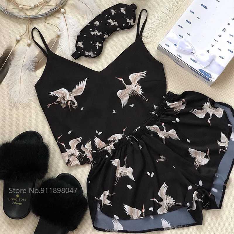 Women Silk Satin Pajamas set Summer Spwear Lavender Flower Printed Pijamas Sexy V-neck Sveless Homewear Clothes LoungewearXJ250220