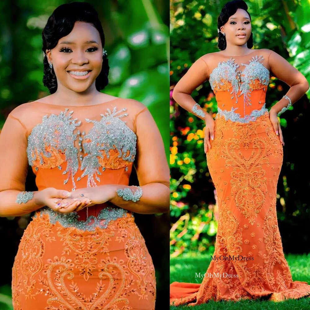2024 Plus Size Orange Mermaid Prom Dress Lacefull Promdress Full Sleeves Crystals Evening Formal Party Second Reception Birthday Engagement Gowns Dresses 0219