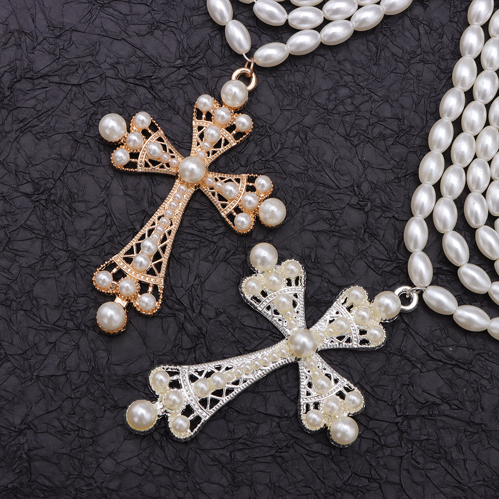 Cyberpunk style cross necklace fashion exaggerated micro-set imitation pearl layered necklace jewelry