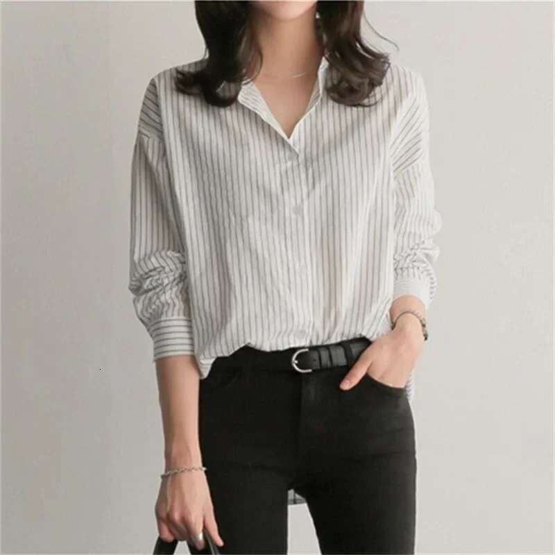 Women Stripes Blouse Lady Loose Long Sleeve Oversized Shirt Casual 2024 Spring Autumn Female Street Shirts