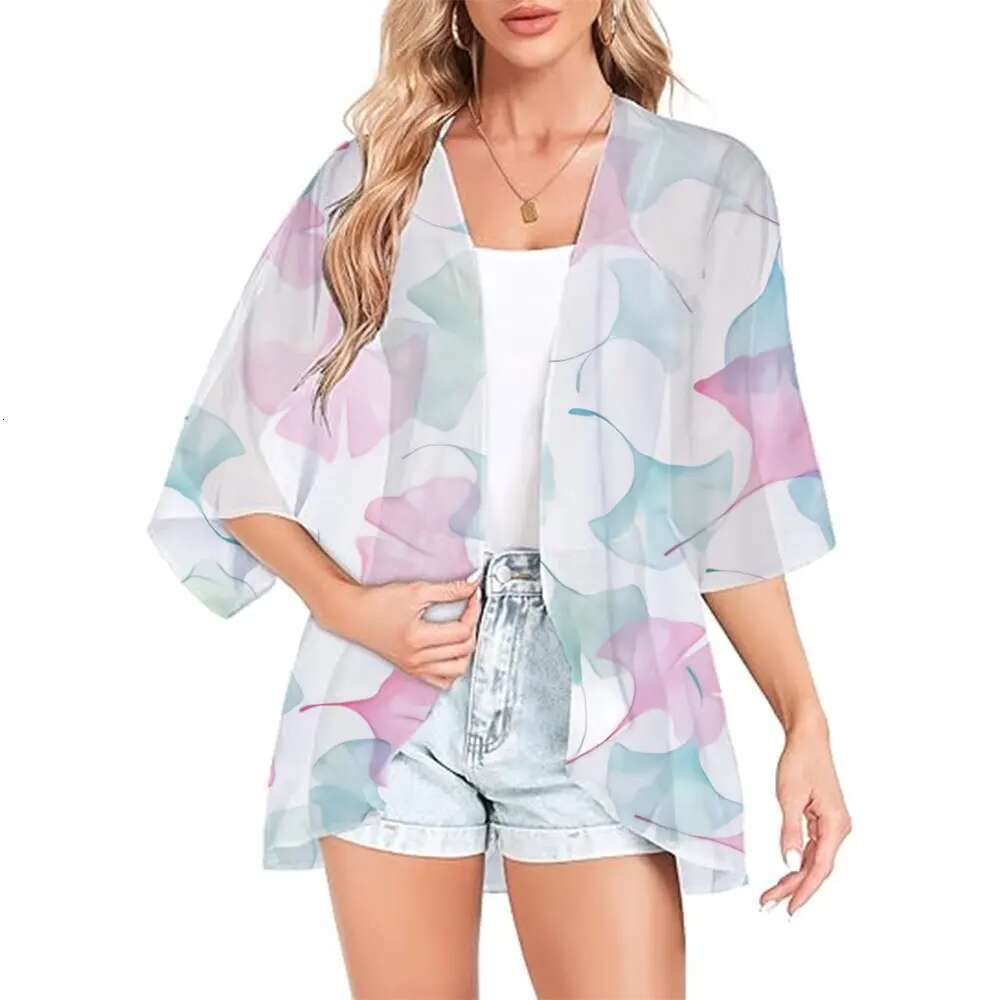 Elegant Chiffon Swimsuit Capes Ral Print Kimono Cover Up Cardigan Shirt Tops Fashion Casual Resort Wear Bathing Suit Blouse