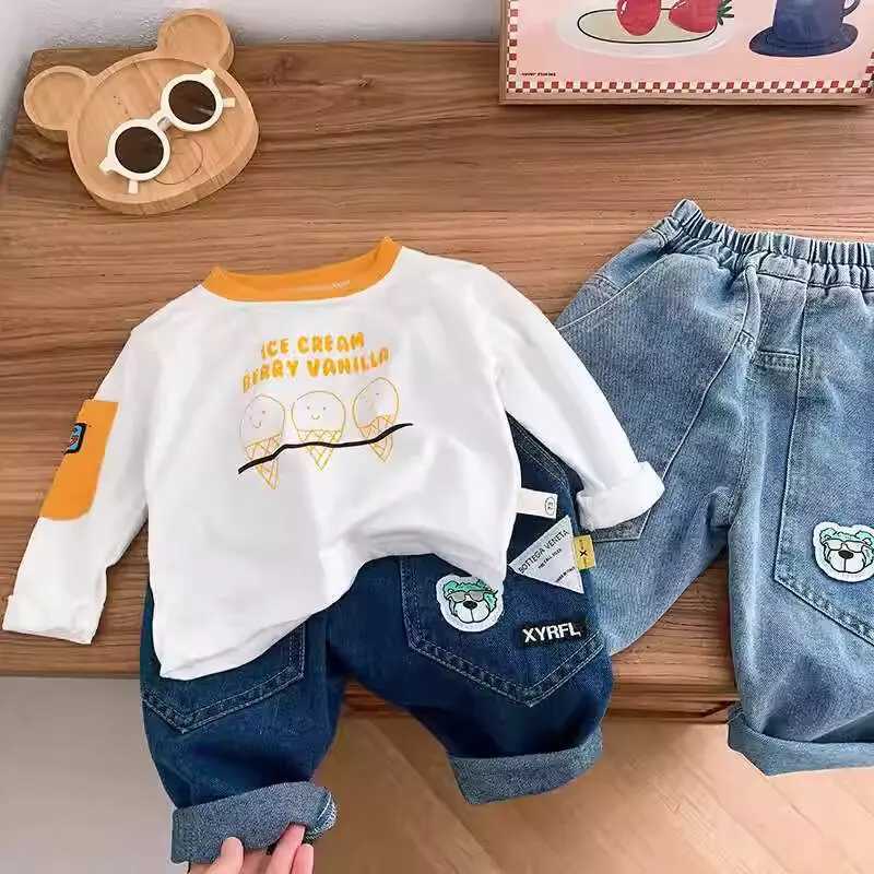 Autumn Little Boys Denim Pants Elastic Waist Bear Letter Sticker Kid Baby Boys Jeans Loose Ruched Children Boys Pants Z250220