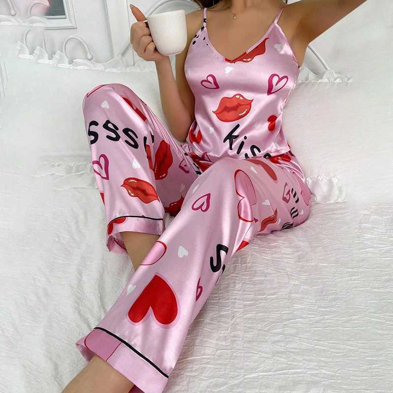 Womens Satin Floral Pajama Sets with Spaghetti Strap Tops and Long Pants Spwear 2 Piece Sveless Home Clothes LoungewearXJ250220