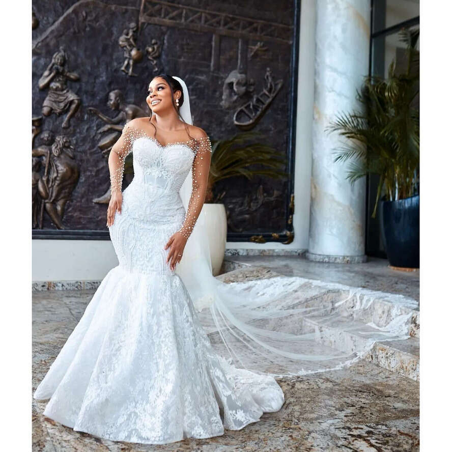 African Aso Ebi 2024 Off White Mermaid Wedding Dress Sheer Neck Full Sleeves Beaded Pearls Vintage Elegant Bridal Gowns Dresses Zj244