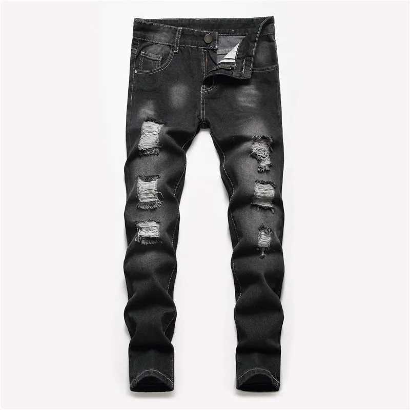 Boys Straight-leg Ripped Jeans Children Washed Distressed Stretch Denim Trousers Big Kids Casual Pants 5-16yT250220