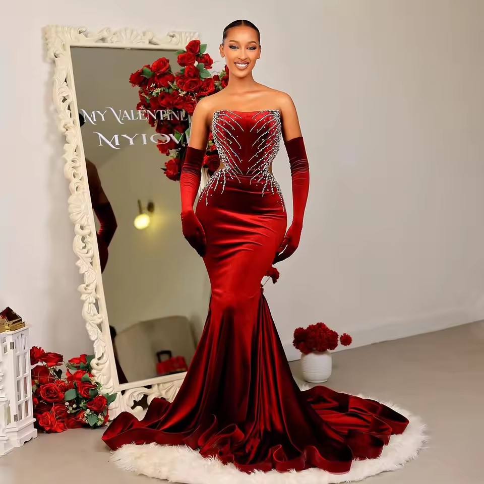 Elegant Bury Veet Mermaid Prom Party Dresses 2025 with Gloves Beaded African Evening Birthday Gowns Customized