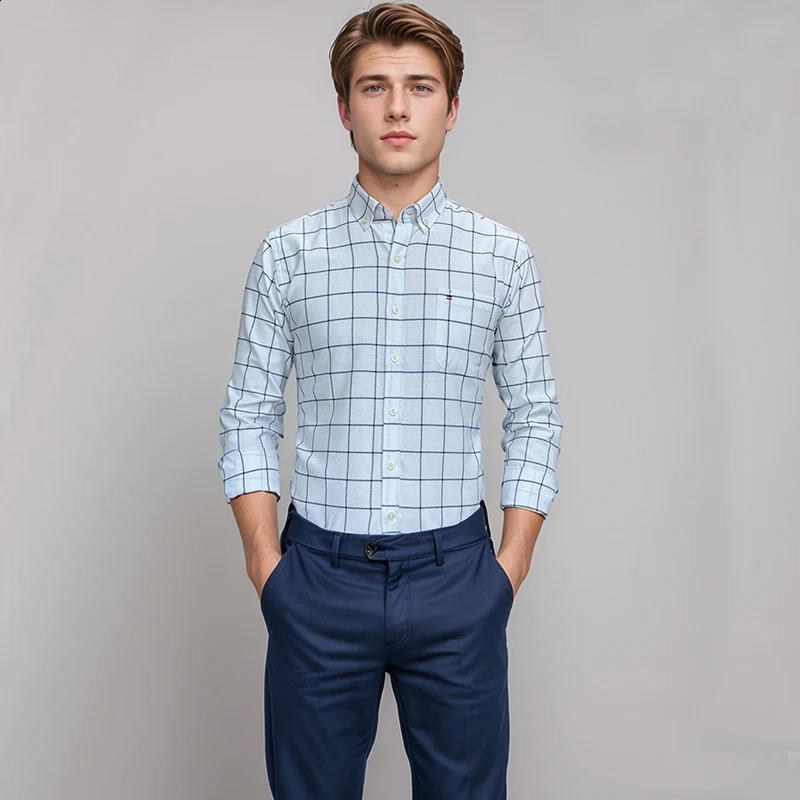 100 Cotton Men Oxford Shirts Long Sleeve Casual Plaid Soft Regular Fit Formal Dress Shirt Social Blouse Male Clothes S7XL 250220