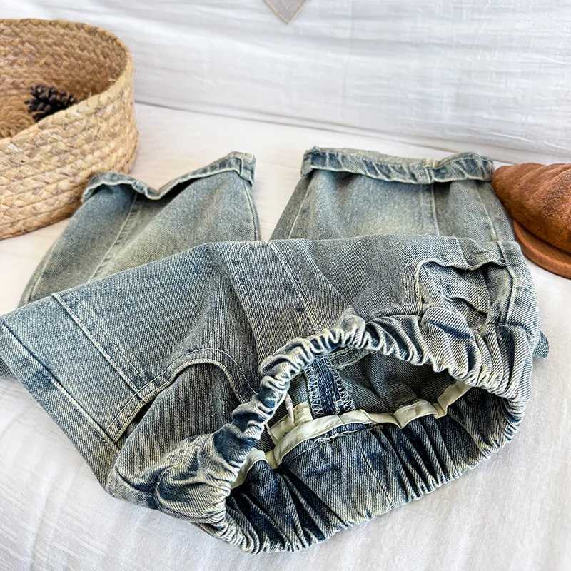 2024 Autumn Girls 2-8 Years Loose Wide Leg Jeans Pants Kids Casual Denim Trousers Z250220