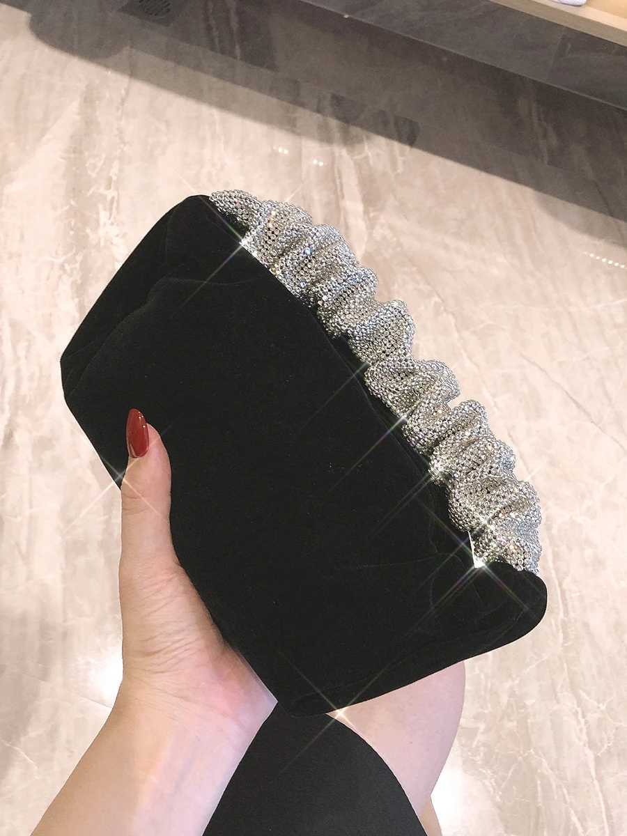 Formal Velvet Evening Clutch For Women Rhinestone Wedding Handbags Stylish Prom Cocktail Party Mini Purse Black Z250220