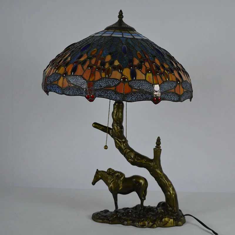 Nordic Round Stained Glass With Dragonfly Pattern Shade With Resin Tree Horse Kid Decor Shelf Bedside Eye Protection Table Lamp Z250220