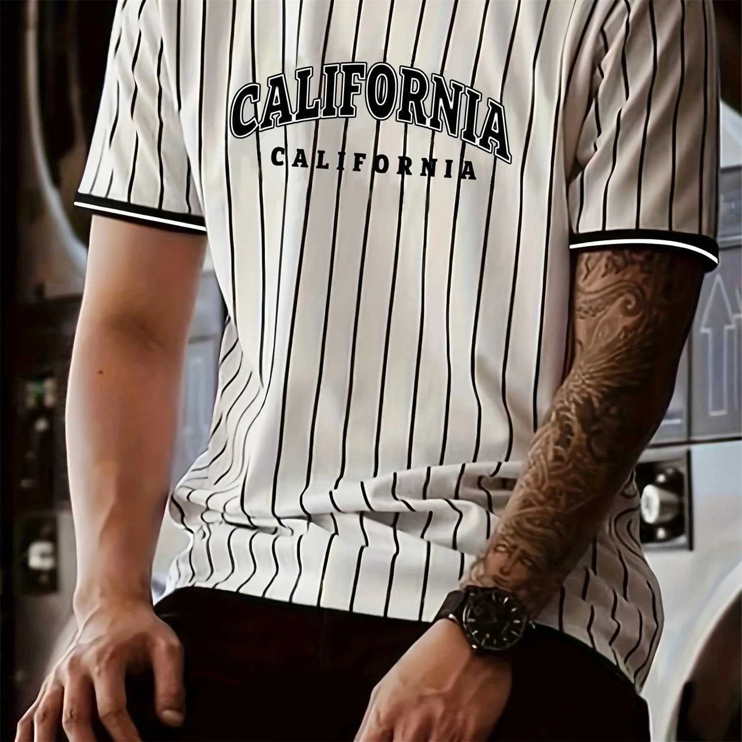 Mens T-shirt with Los Angeles printed stripes mens casual street style sports round neck T-shirt oversized mens clothing top W250220