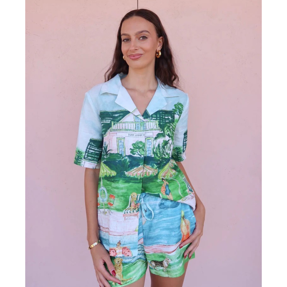 Women Tracksuits Two Pieces Set Designer 2025 New Fashion Casual Cotton Linen Printed Shirt Shorts Set 27 Colours
