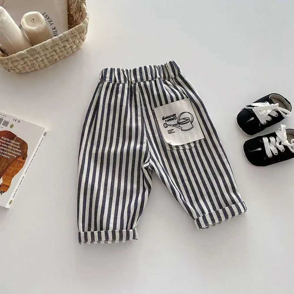 New Autumn Kids Tapped Casual Striped Pants 0-5T Girls Boys Fashion Stripe Trousers Children Solid Denim Jeans Korean Version Z250220