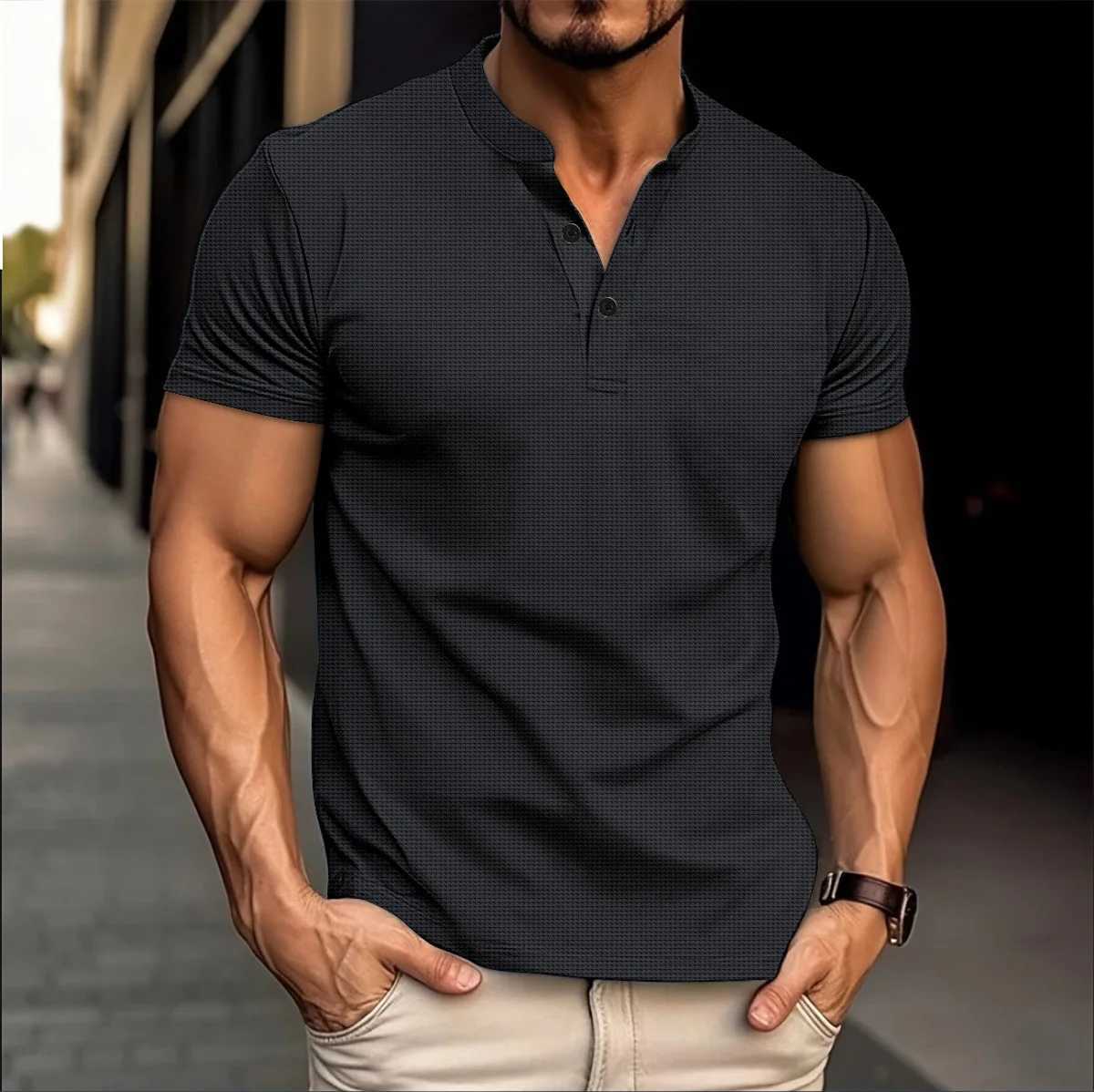 2024 Summer new style mens casual short-sleeved POLO shirt Fashion V-neck Waffle solid color button sports polo shirt top W250220