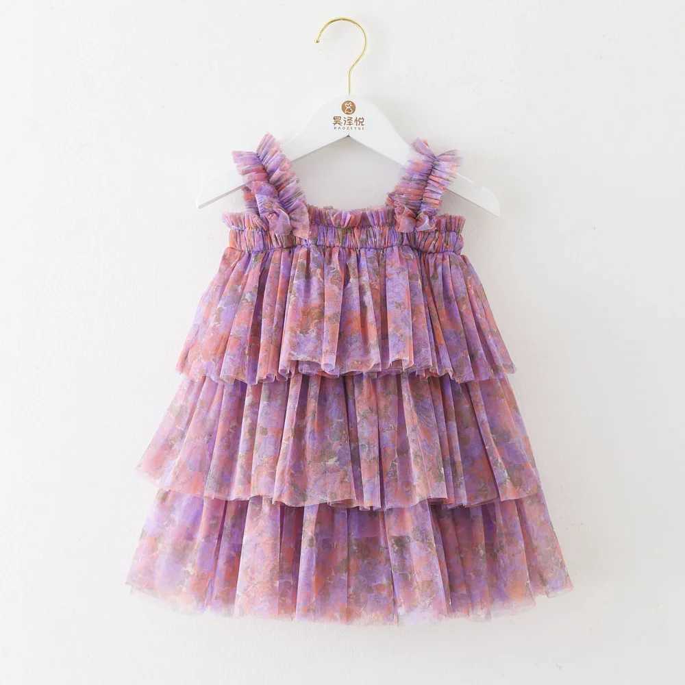New Cute Baby Girl Dress Sweet Flowers Stamping Drape Wrinkle Mesh Baby Dresses Fashion Baby Girl Clothes Princess Cake Frock X250220