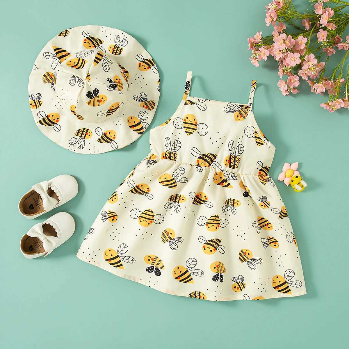 Baby Clothes Girl Summer Bee Pattern Beach Sling Baby Girls Dresses Cute Casual Girl Kids Dress With Hat X250220