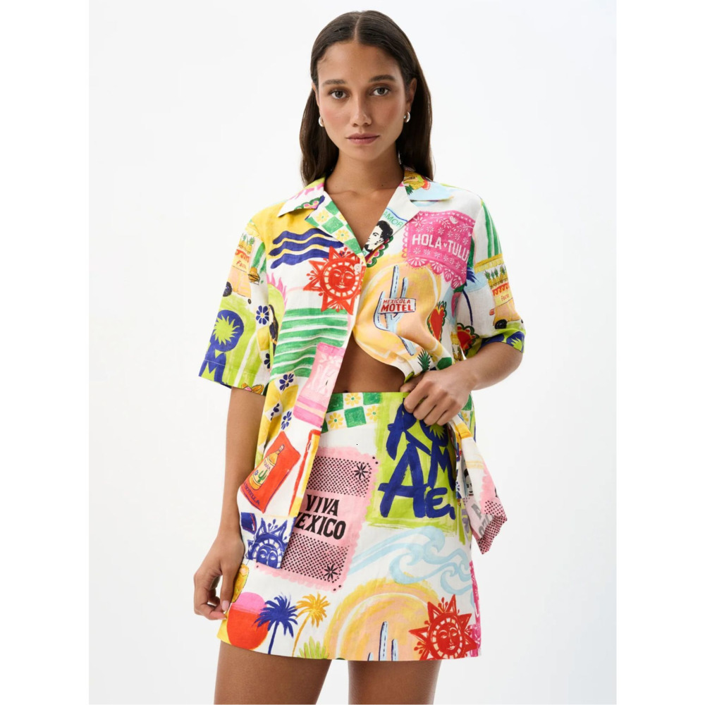 Women Tracksuits Two Pieces Set Designer 2025 New Fashion Casual Cotton Linen Printed Shirt Shorts Set 27 Colours