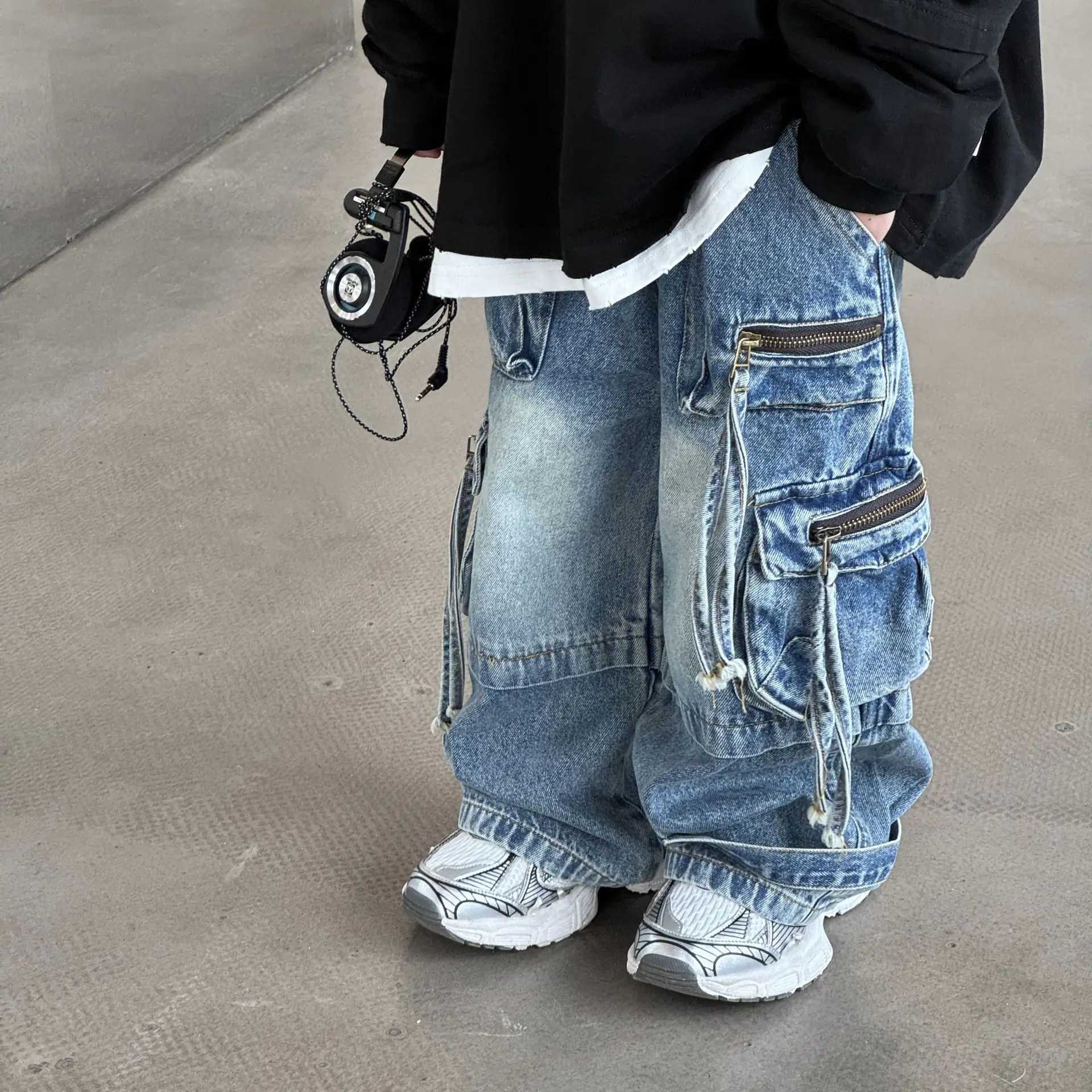 Baby Children Denim Pants Spring Autumn New Fashionable Cargo Jeans Boy Korean Sle Casual Handsome Full Length Pocket Pants Z250220