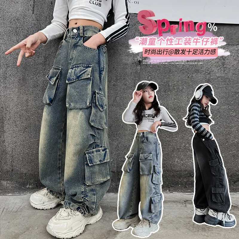 2024 Spring Cargo Jeans for Teenage Children Wide Leg Pants Girls Loose Casual Elastic Waist Design Streetwear Kids Trousers Z250220