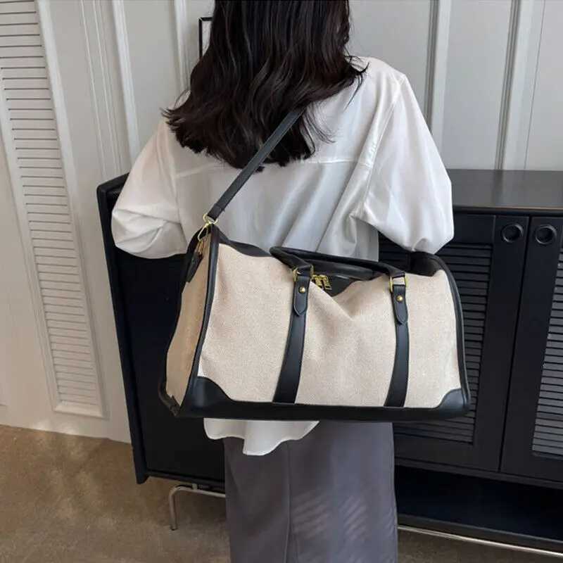 ISKYBOB Women Travel Storage Handbag Vintage Fitness Luggage Bag Single Shoulder Crossbody Bag Large Nylon PU Leather Bag 2023 Y250221