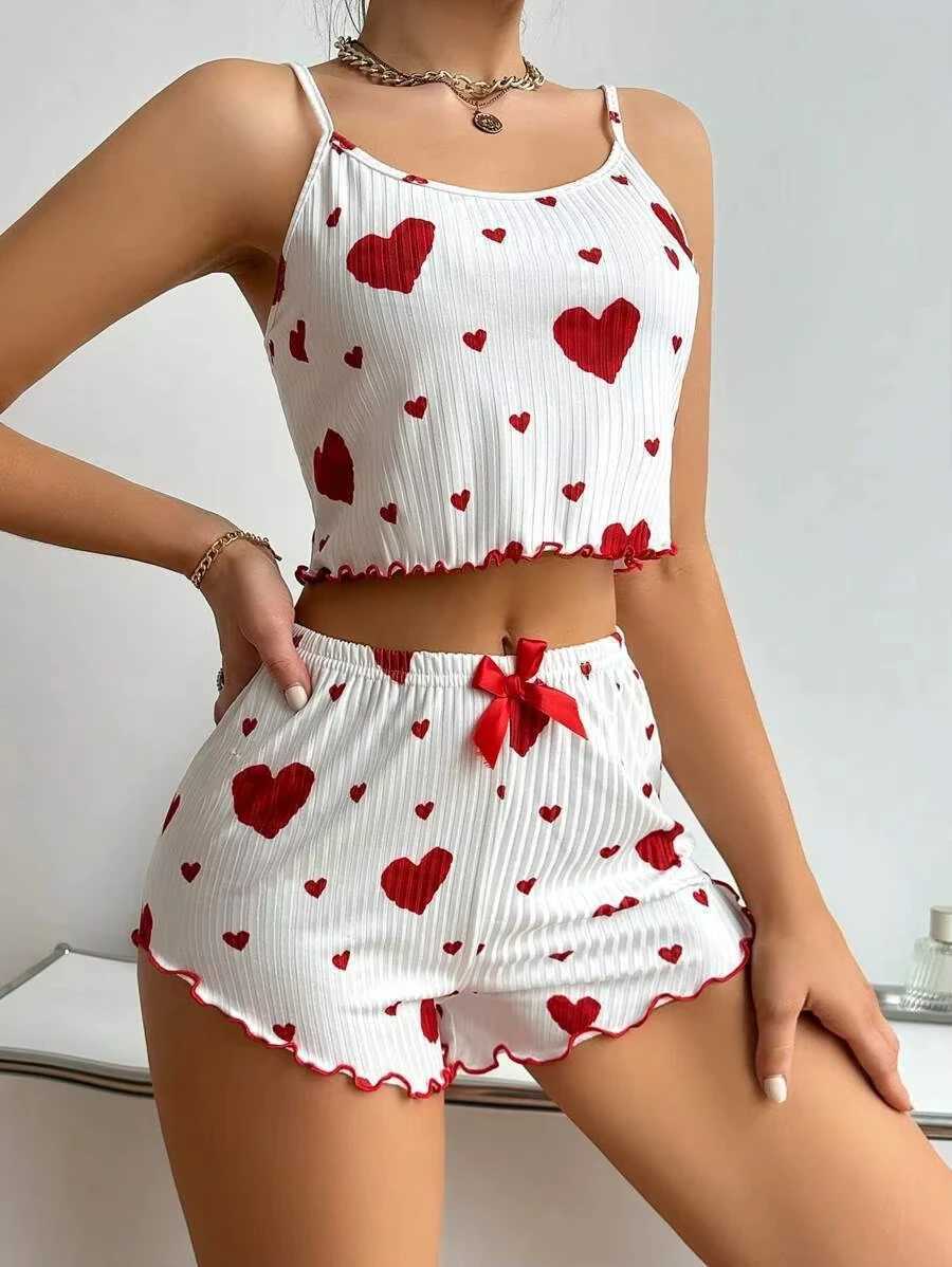 Heart Print Pajama Set Women Ribbed Spwear Cami Top Shorts Cute Bow Loungewear Soft Comfortable Pj Set New Fashion ArrivalXJ250220