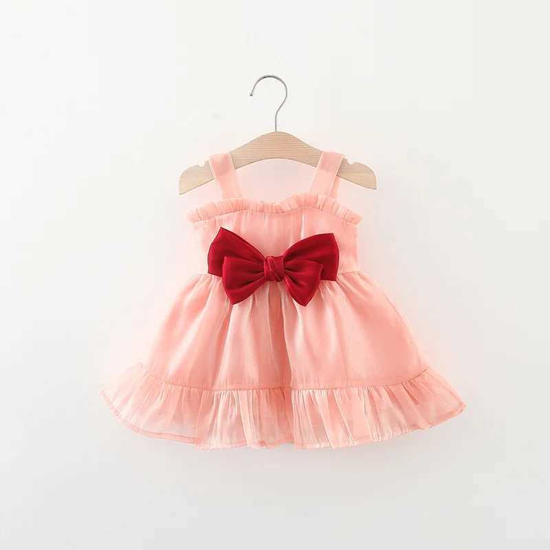 Girls Summer Dress Sweet Hanging Strap Solid Color Big Bow Dress Suitable for Children Aged 80-110 X250220