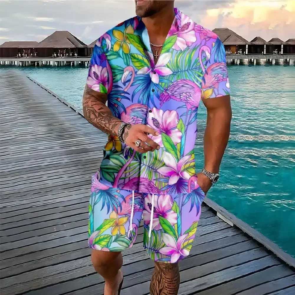 Fashion Summer Flower 3D Print Men Shirt Sets Short Sleeve Shirt Oversized Casual Beach Shorts Streetwear Hawaiian Suits Clothes W250221