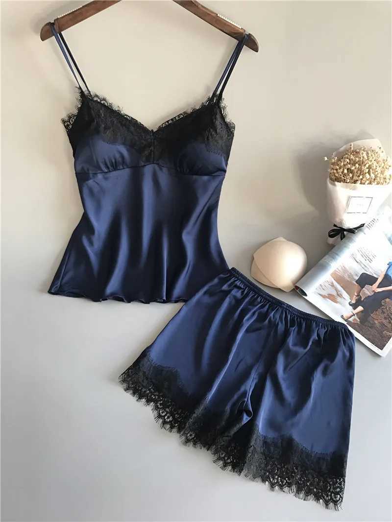 Womens Spwear Sexy Lingerie Lace Satin Pajama Sets Nightwear Sveless Tops+Shorts 2 Pcs Sets Pyjama SetsXJ250220
