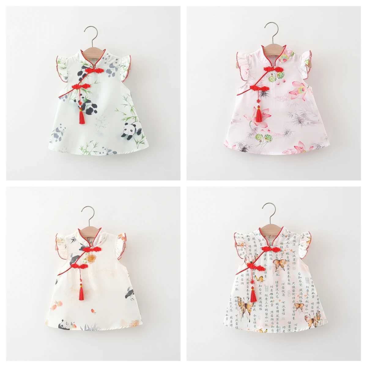 Chinese Style Girls Dress Summer Baby Girl Cartoon Panda Bamboo Print Small Flying Sleeves Buckle Tassel Cheongsam Dress X250220