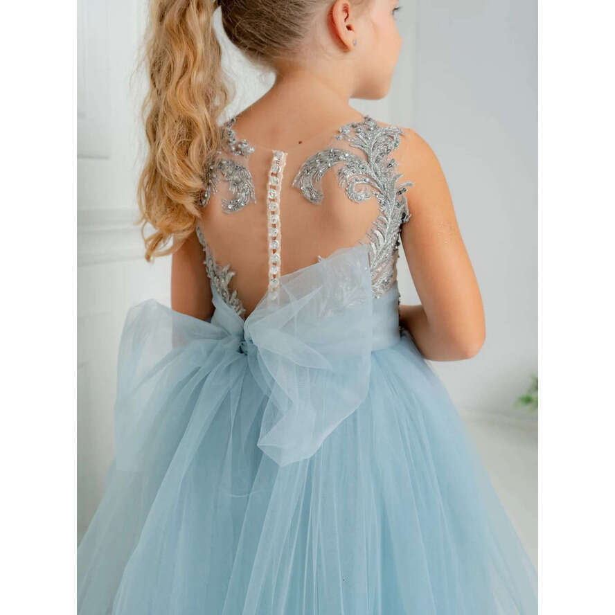 Blue Lovely Wer Girl Dresses For Weddings Appliques Beaded Tulle Little Girls Pageant Gowns Bow Birthday Party Kids Dress Mc