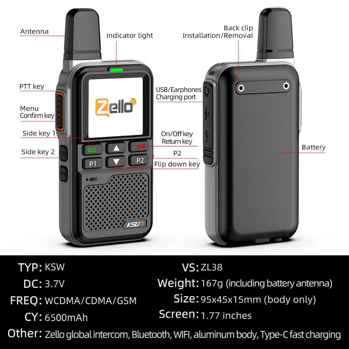 KSUN-ZL38 PTT Zello Walkie Talkie 4g Sim Card WiFi Network Cell Phone Ra Long Range 100 Miles GPS Professional Walkie Talkie Z250221