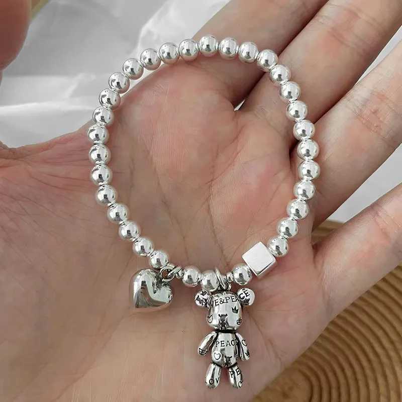 925 Sterling Silver Bracelets for Women String of Beads Accessories Trend Vintage Simple Cute Bear Pendant Party Jewelry W250221 Z250910