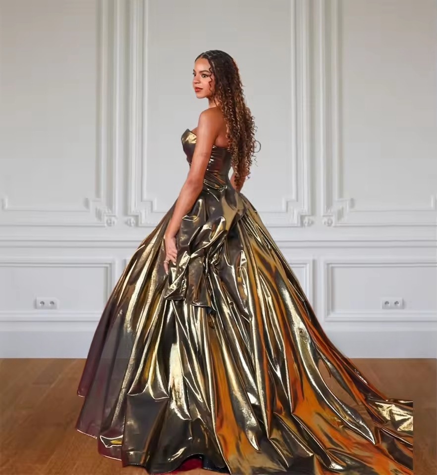Exquisite Gold Strapless Evening Pleat Birthday Party Dresses For Women 2025 Tail A-E Robes De Soiree Customized