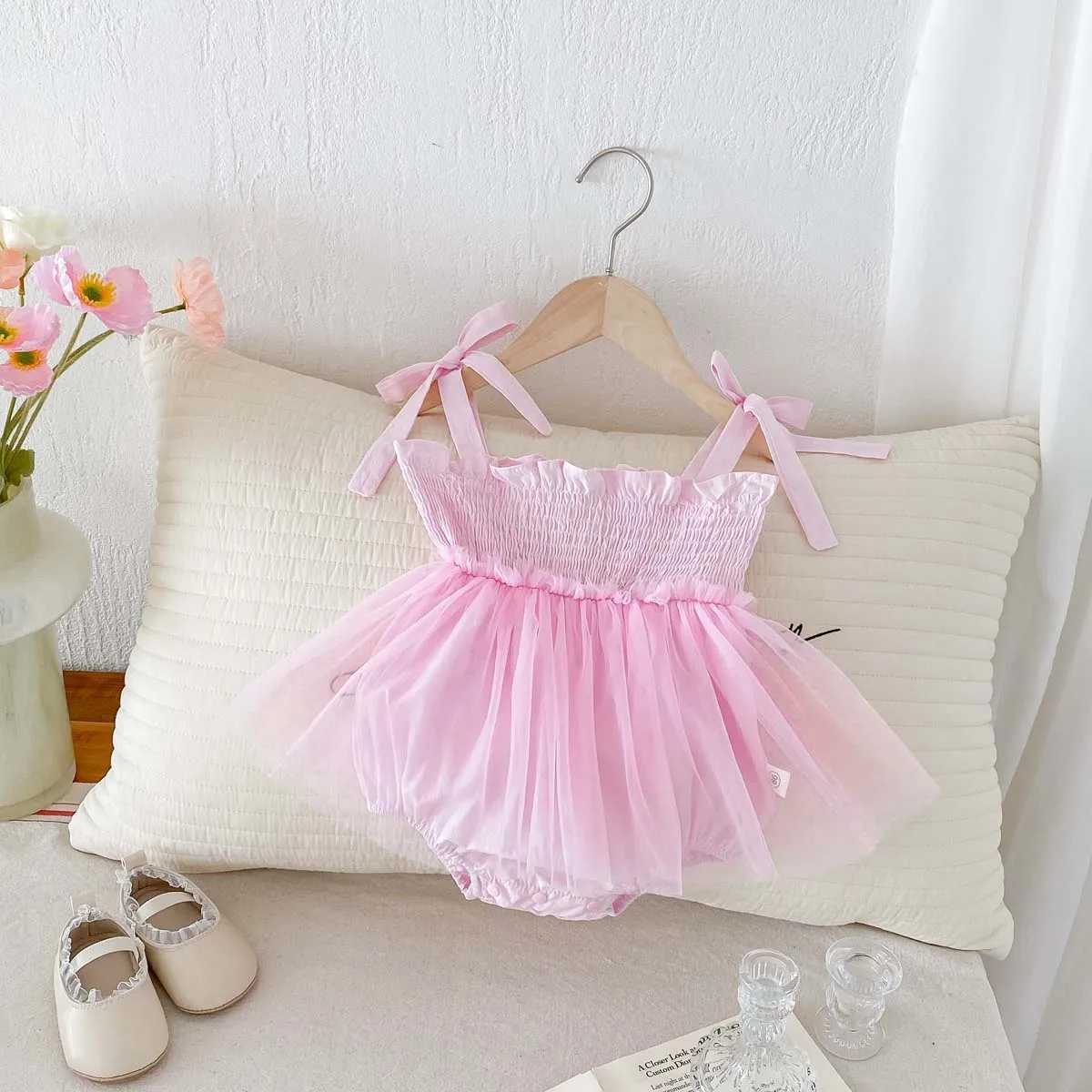 Baby Romper Dress Sleeveless Braces Bodysuit Pink Mesh Princesses Romper Dress 0-2 Years Old X250220
