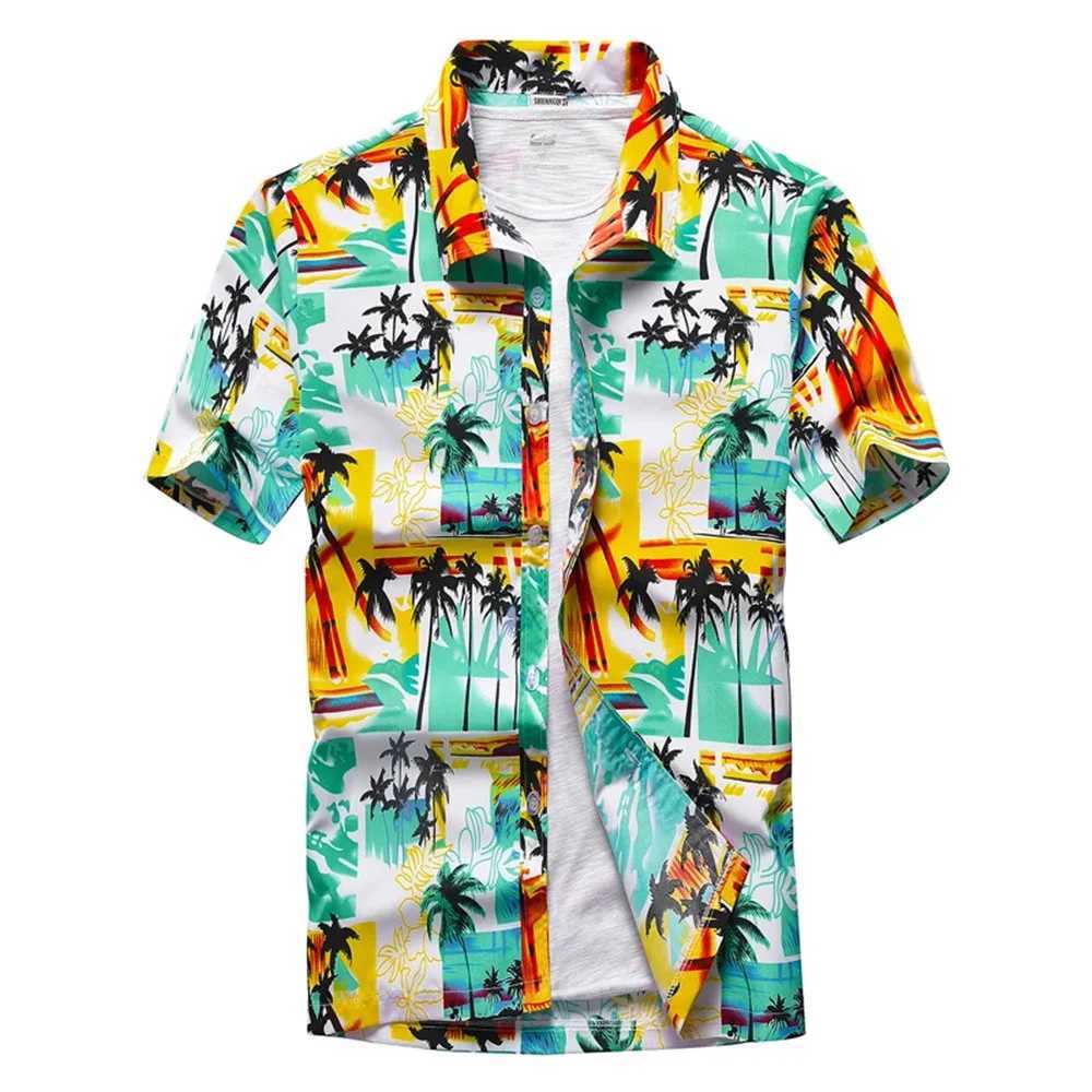 Summer breathable Hawaiian shirt mens coconut tree print short sleeved button down vacation plus size W250220