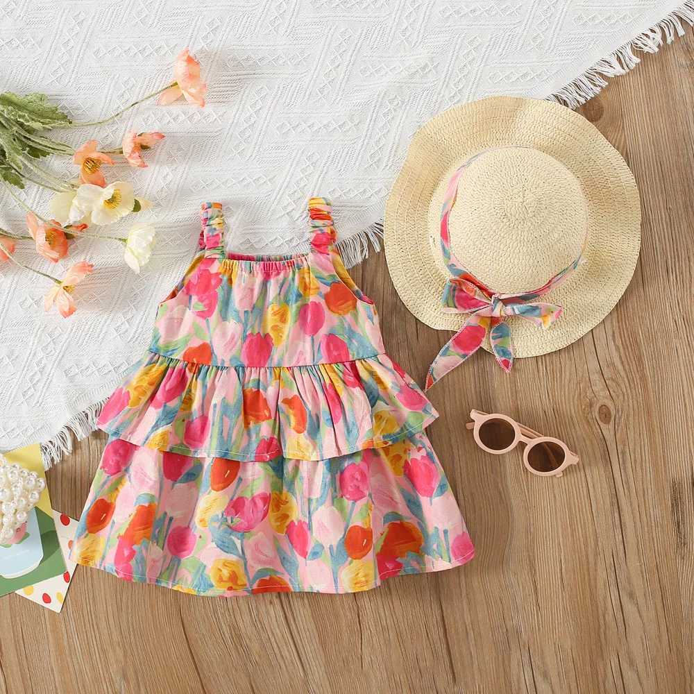 Summer New Girls Dress Hand-Painted Wind Rose Cake Layer Dress Birthday Party Team Dress Sweet Princess Dress Complimentary Hat X250220