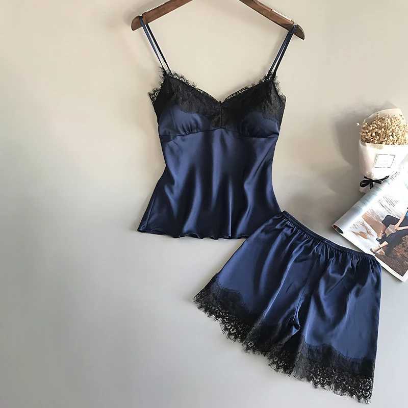 2024 Summer 2 Pcs V-Neck Womens Sexy Pajamas Black Cute Clothes Comfortable Breathable Suspender Shorts SetXJ250220