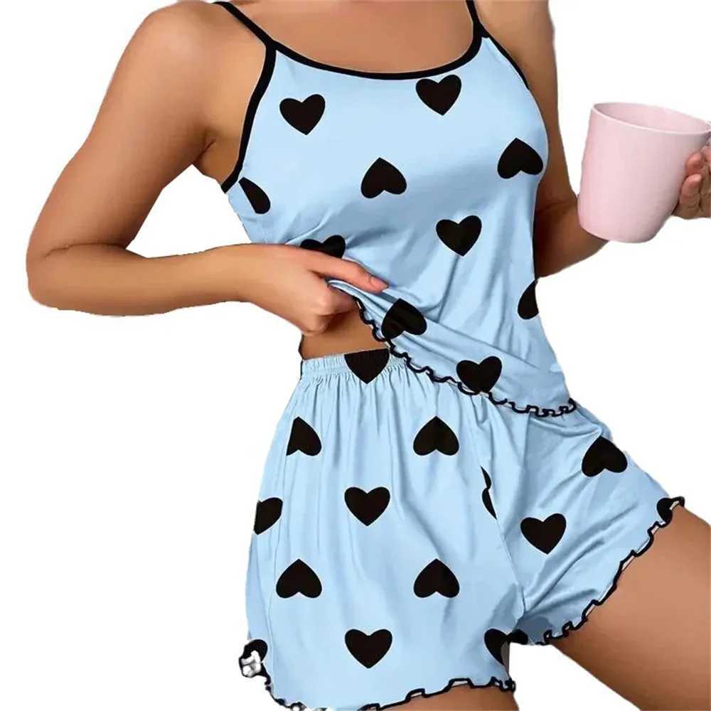 Womens Pajama Set Pajamas T-Shirts Shorts Pink Heart-Shaped Print Round Neck T-Shirt Ice Silk Top Comfortable Casual Summer XJ250220