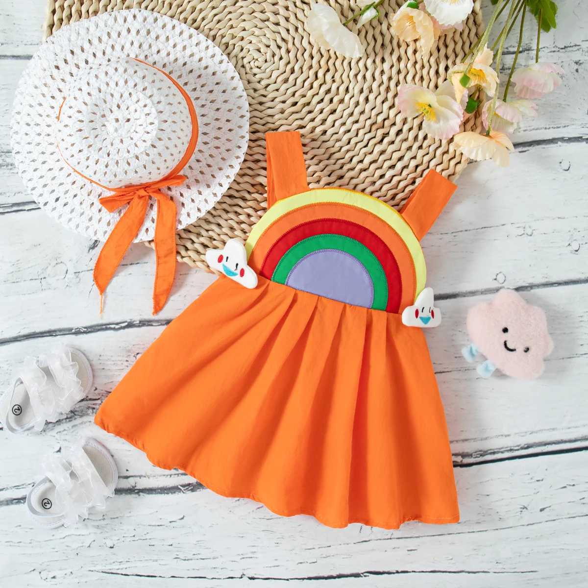 2-piece summer childrens girls dress comfortable rainbow cotton baby dress high-quality childrens clothing hat free childrens clothing X250220