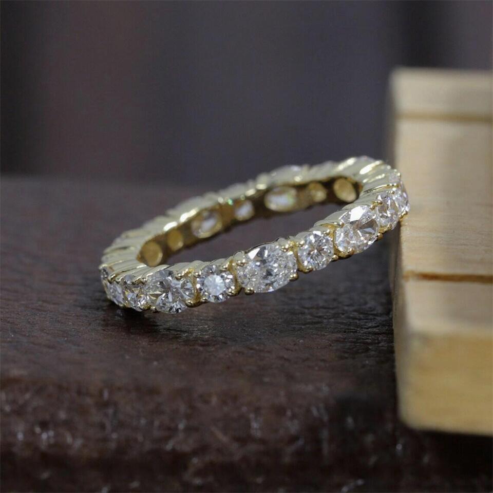 Jewelry 18K Yellow Real Gold 4*3mm Oval-Round 2.5mm Cut Lab Diamond Full Eternity Band Anniversary Wedding Ring For Women
