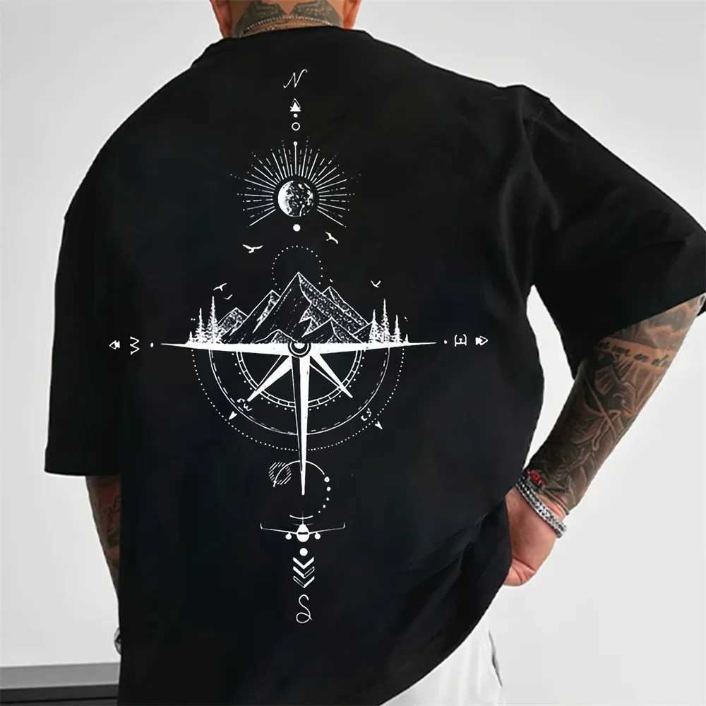 Summer Harajuku T-Shirts for Men Compass Graphic Mens Tops Casual Oversized Cotton Short Sleeve T shirts Y2K Man Clothing W250220